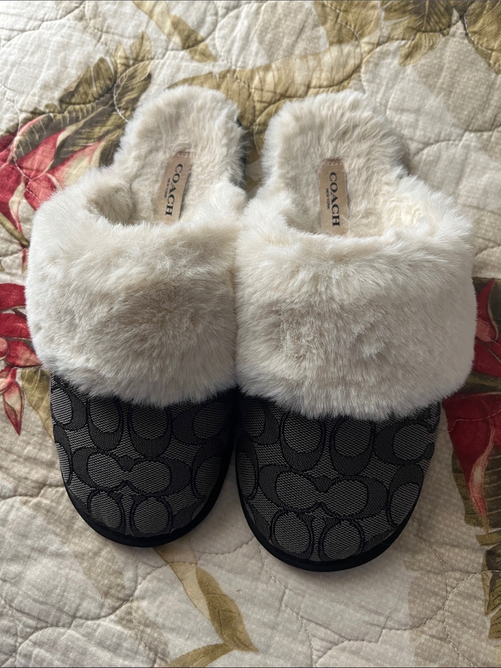 Coach Women's Black Logo Slippers with Cream Faux Fur